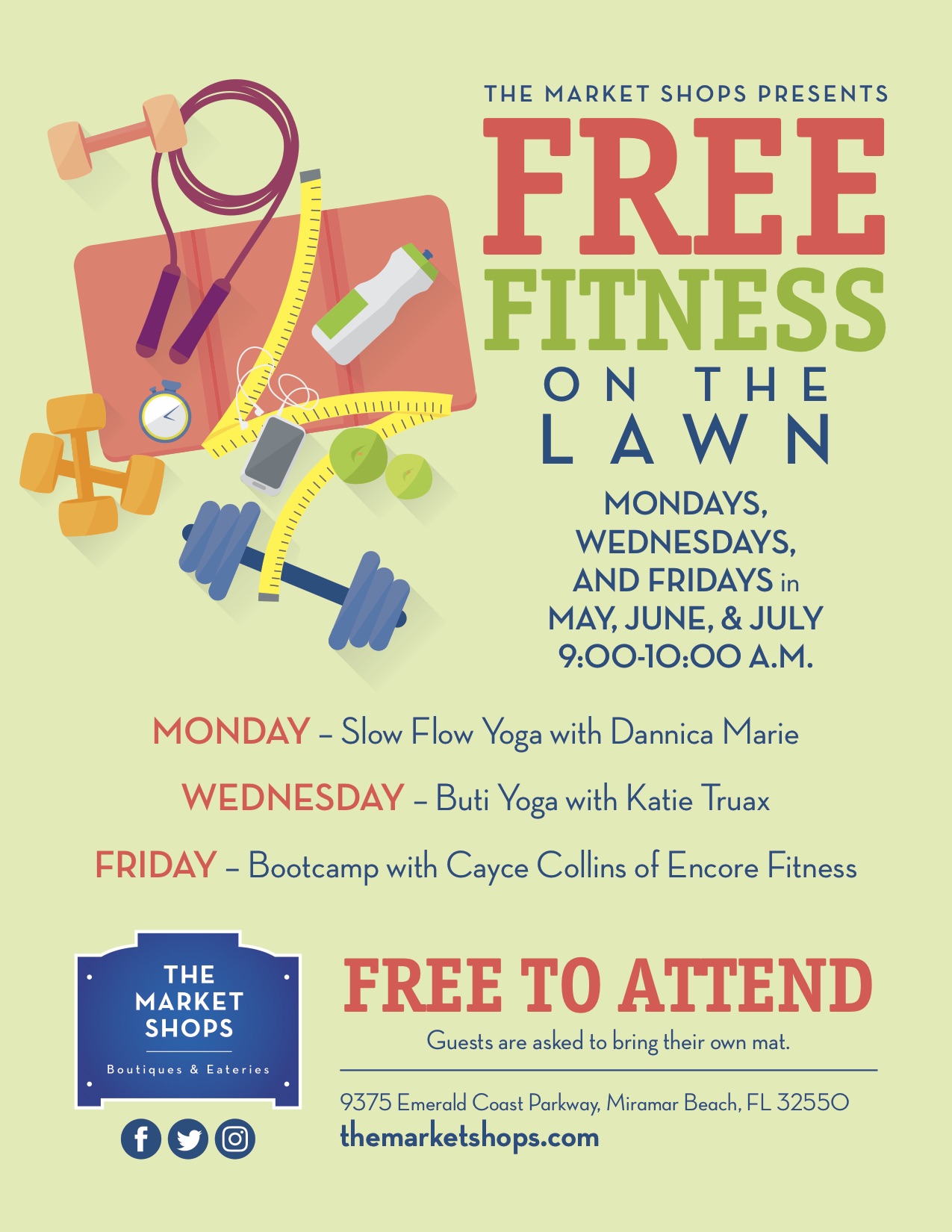 the market shops announce free fitness on the lawn the market buti yoga flyers